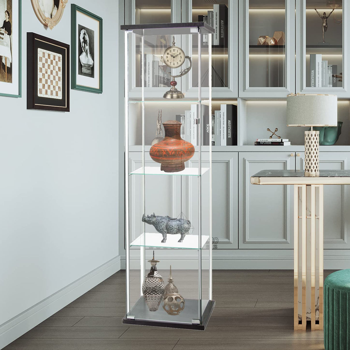 HomVent 4-Shelf Glass Door Cabinet Display, Curio Cabinet, Square Tower Display With Door for Home (Black) HomVent