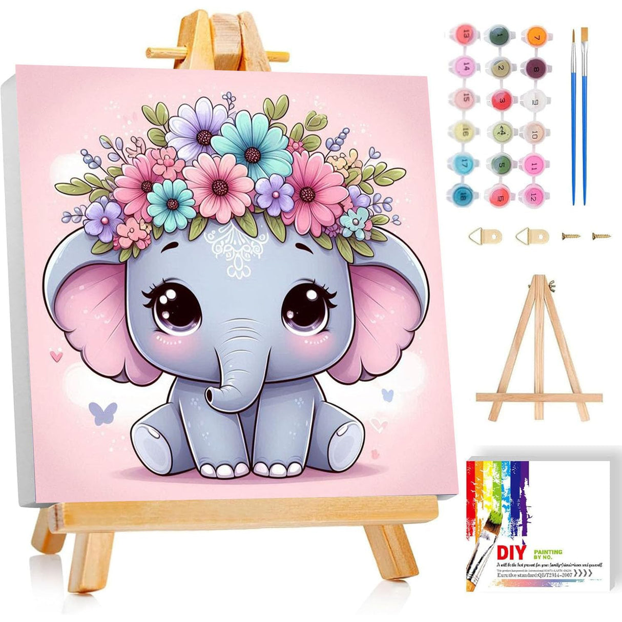 cviokrdu Elephants Paint by Numbers Kit for Kids with Frame - Wooden Easel, Animals Paint by Numbers for Kids Ages 4 8 12, Easy Acrylic Oil Painting Kits for Home Wall Decoration 8x8 inch cviokrdu