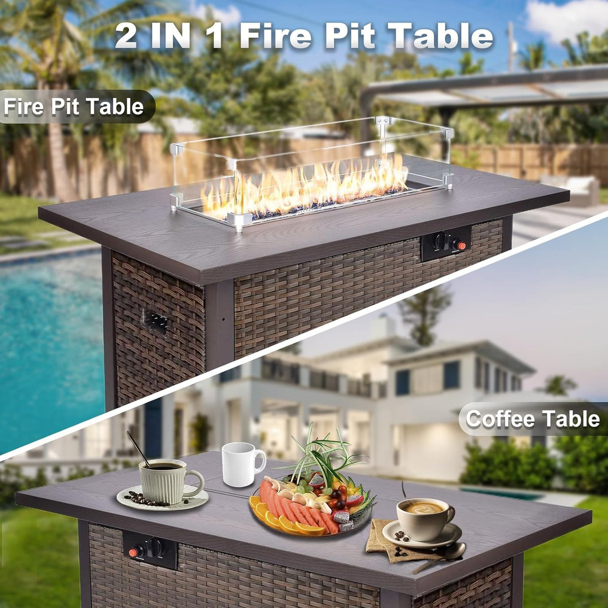 Grezone 7 Piece Patio Furniture Set with 44" Fire Pit Table, Outdoor Sectional Couch, PE Rattan Patio Conversation Sets with 4inch Cushions for Backyard Black (BK) Grezone