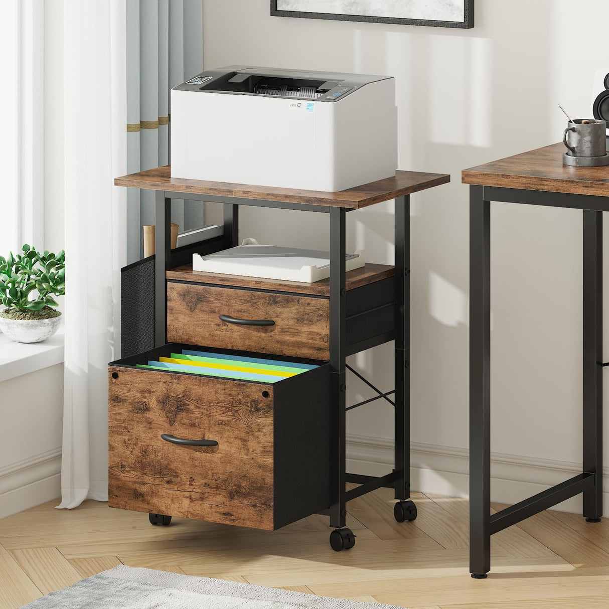 GYIIYUO 2 Drawer File Cabinet with 24'' Extended Tabletop, Mobile Filing Cabinet, Rolling Vertical File Cabinet with Side Bag, Fabric Drawer, Fits A4 Size, Home Office, Rustic Brown GYIIYUO