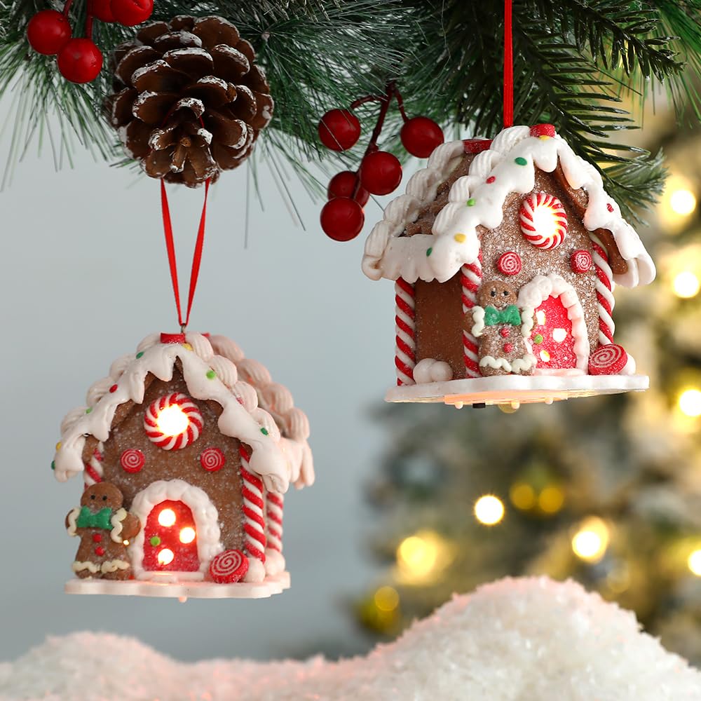 UAEYW 3Pcs Gingerbread House Ornaments for Christmas Tree Decorations Battery Operated Lighted LED Clay Hanging Candy House Ornament with Rope for Xmas Holiday Party New Year Home Decor UAEYW