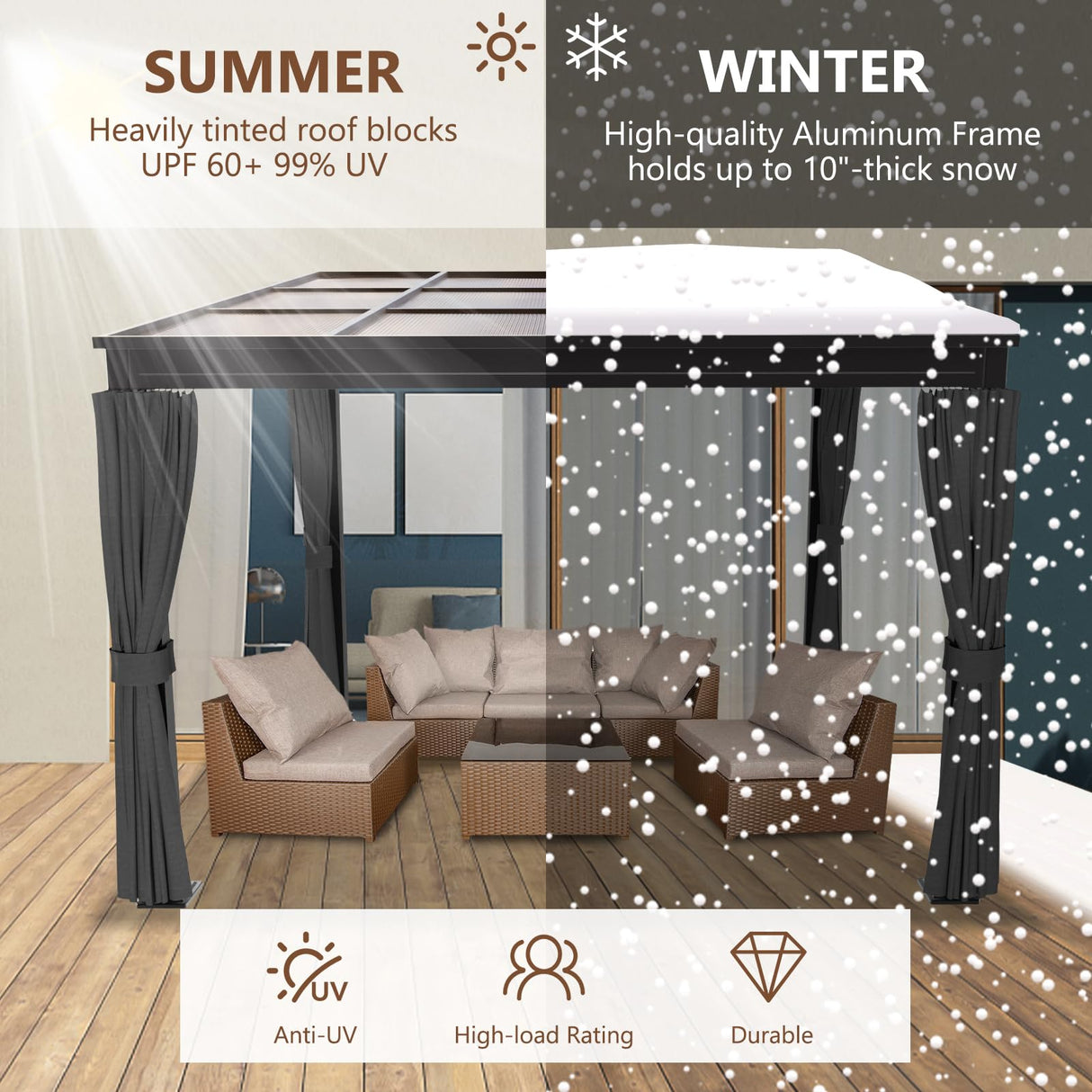 10'x10' Lean to Gazebo, Wall Mounted Gazebo with Aluminum Frame, Curtains and Netting for Patio,Decks, Garden and Lawn HOWSVN