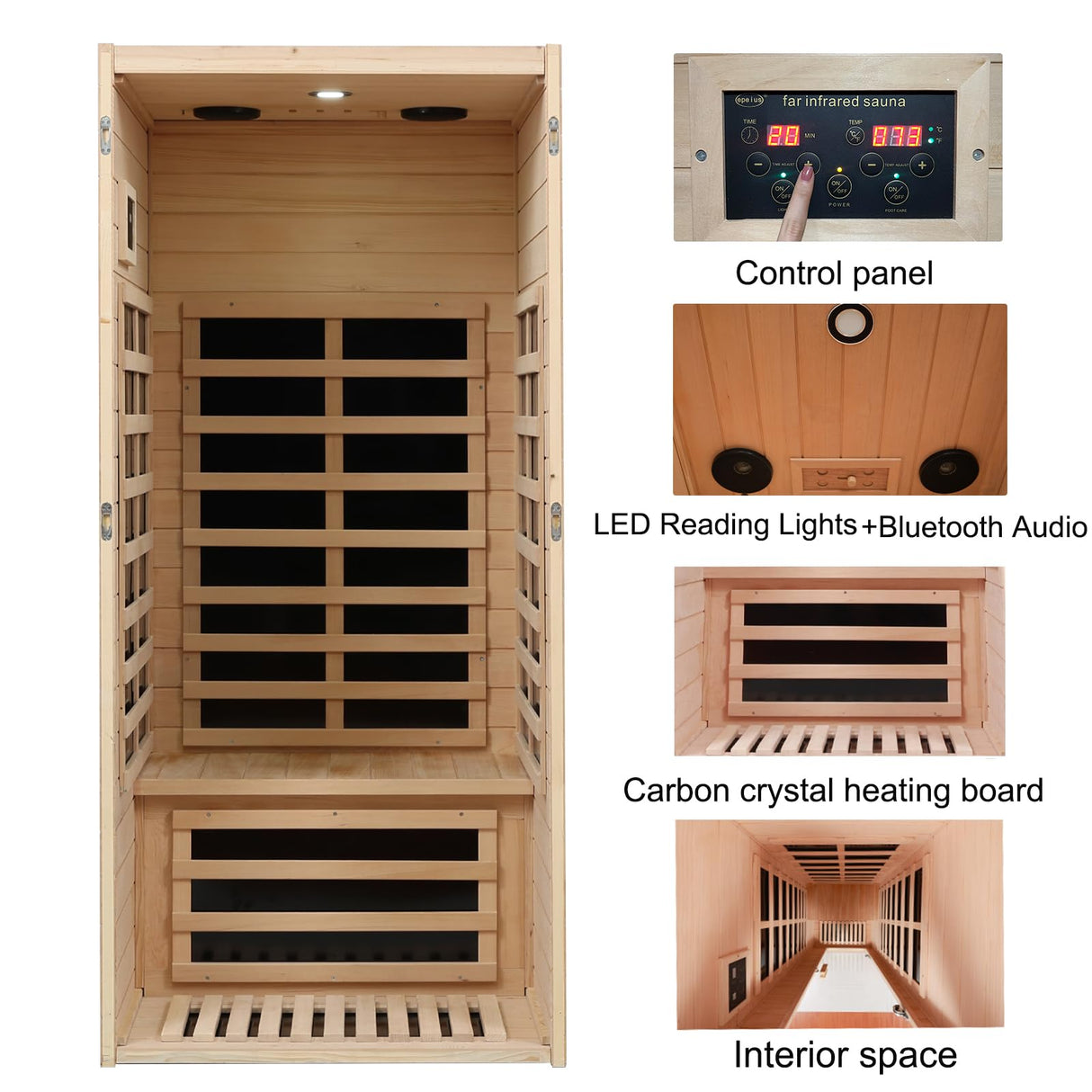 Kanlanth 1 Person Infrared Sauna, Low EMF FAR Infrared Sauna for Home, 1,200watt, Canadian Hemlock, Indoor Saunas with LED Reading Lamp, LCD Display-Control, Bluetooth Audio Kanlanth