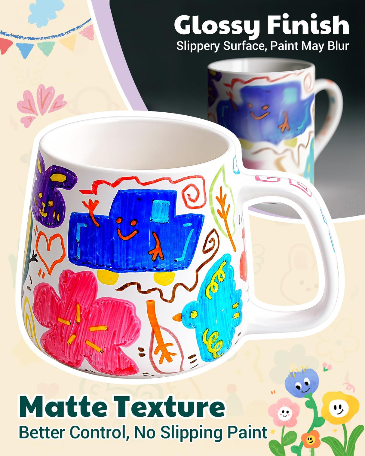 Kiocure Paint Your Own Mug: 2 Paintable Ceramic Mugs & 12 Color Pens Dishwasher Safe DIY Mug Painting Kit Adults Crafts for Date Night or Valentine’s Day Gifts Kiocure