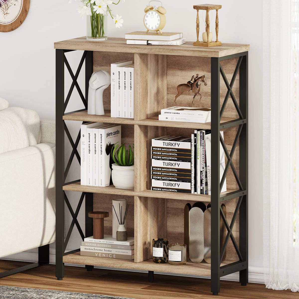 FATORRI Rustic 6 Cube Storage Organizer Shelf, Wood and Metal Cubby Bookcase, Industrial 4 Tier Cube Bookshelf (Rustic Oak) FATORRI