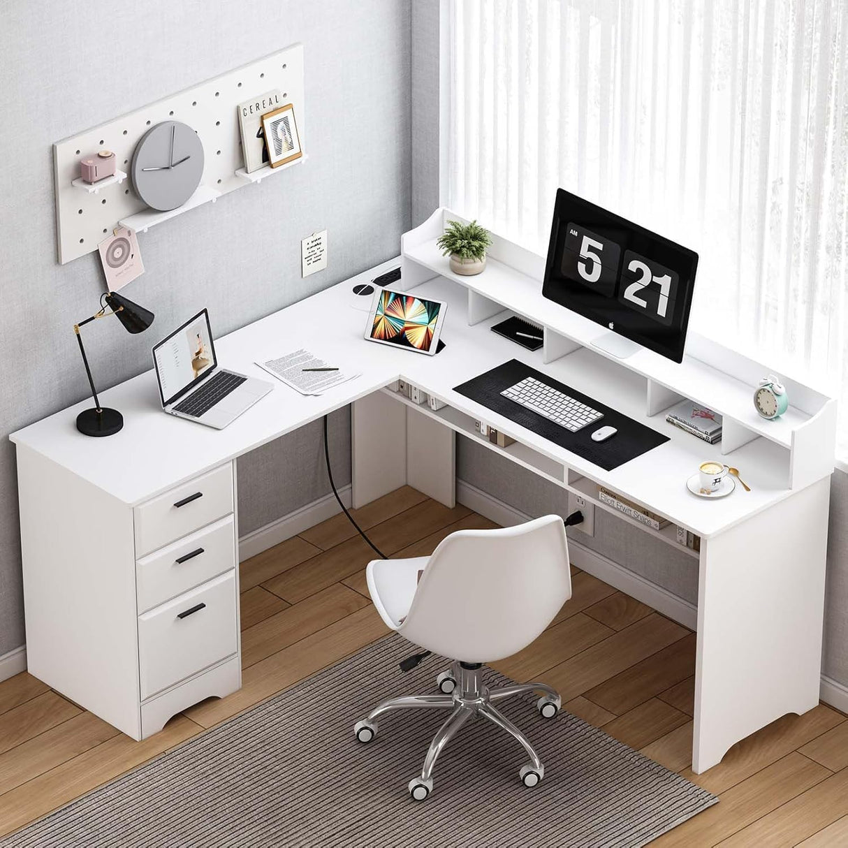 White L Shaped Desk with 3 Drawers, 60 inch White Executive Desk with Drawers and Power Outlet, White L Shaped Desk with File Cabinet, Corner Computer Desk with Moveable Hutch for Bedroom MaverickFurni