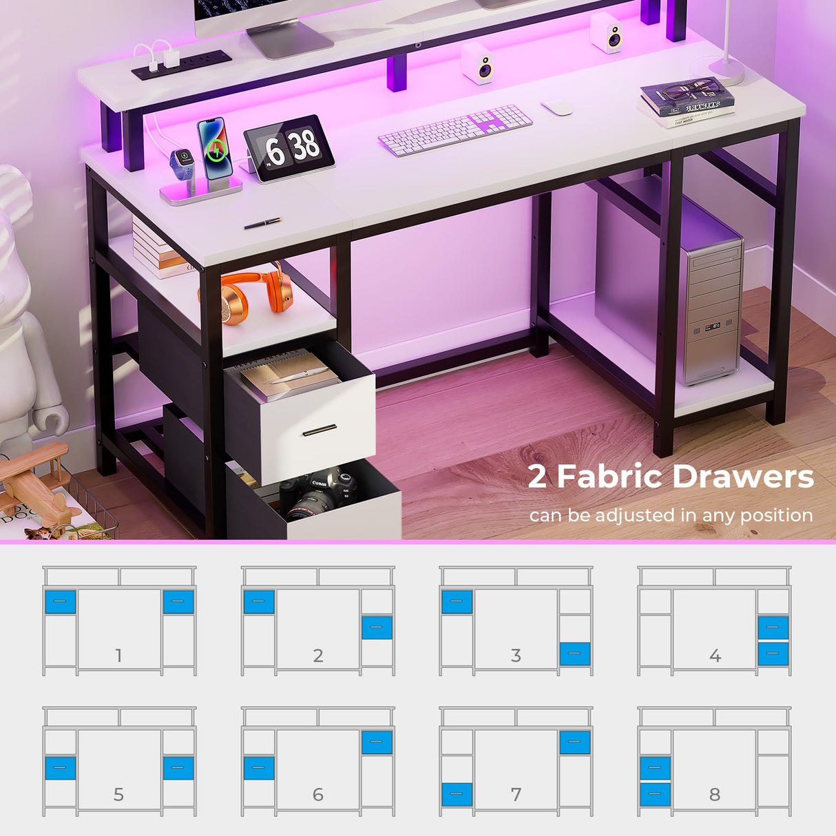 GreenForest Computer Desk 50 Inch with Monitor Stand and LED Lights, Gaming Desk with 2 Fabric Drawers and Power Outlets, Office Desk with Shelves, White GreenForest