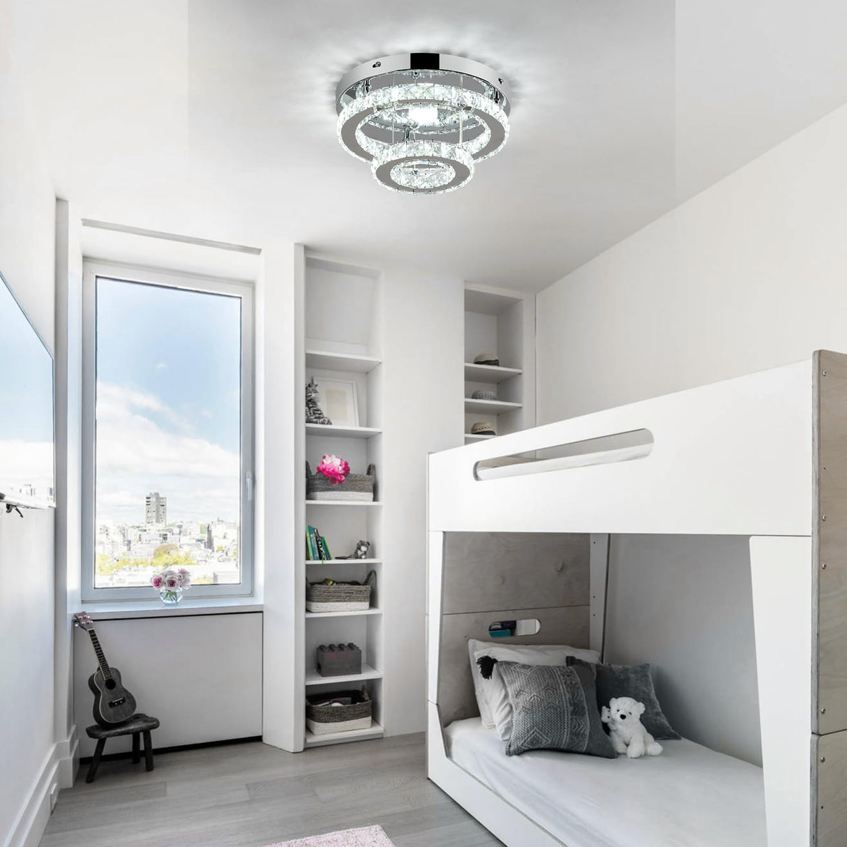 RHEAFON 9.8 Inch Mini Chandelier Light Fixture Round LED Crystal Ceiling Light Flush Mount Crystal Chandeliers for Bedroom Kitchen Foyer Closet Hallway Light, 6500K Cool White RHEAFON