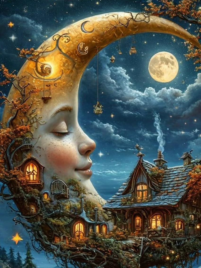 MBNTJHT Moon Diamond Art Kits for Adults Beginners,Fairy Round Drill Diamond Painting Kits,DIY Treehouse Painting by Diamonds Crafts for Home Wall Decor Gifts 12×16Inch MBNTJHT