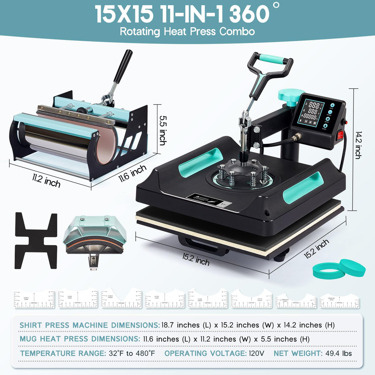 Specraft 11-in-1 Combo Heat Press, 15x15 360° Swing-Away Digital Sublimation Machine for T-Shirts Mugs Hats Plates Shoes, Green Black SPECRAFT