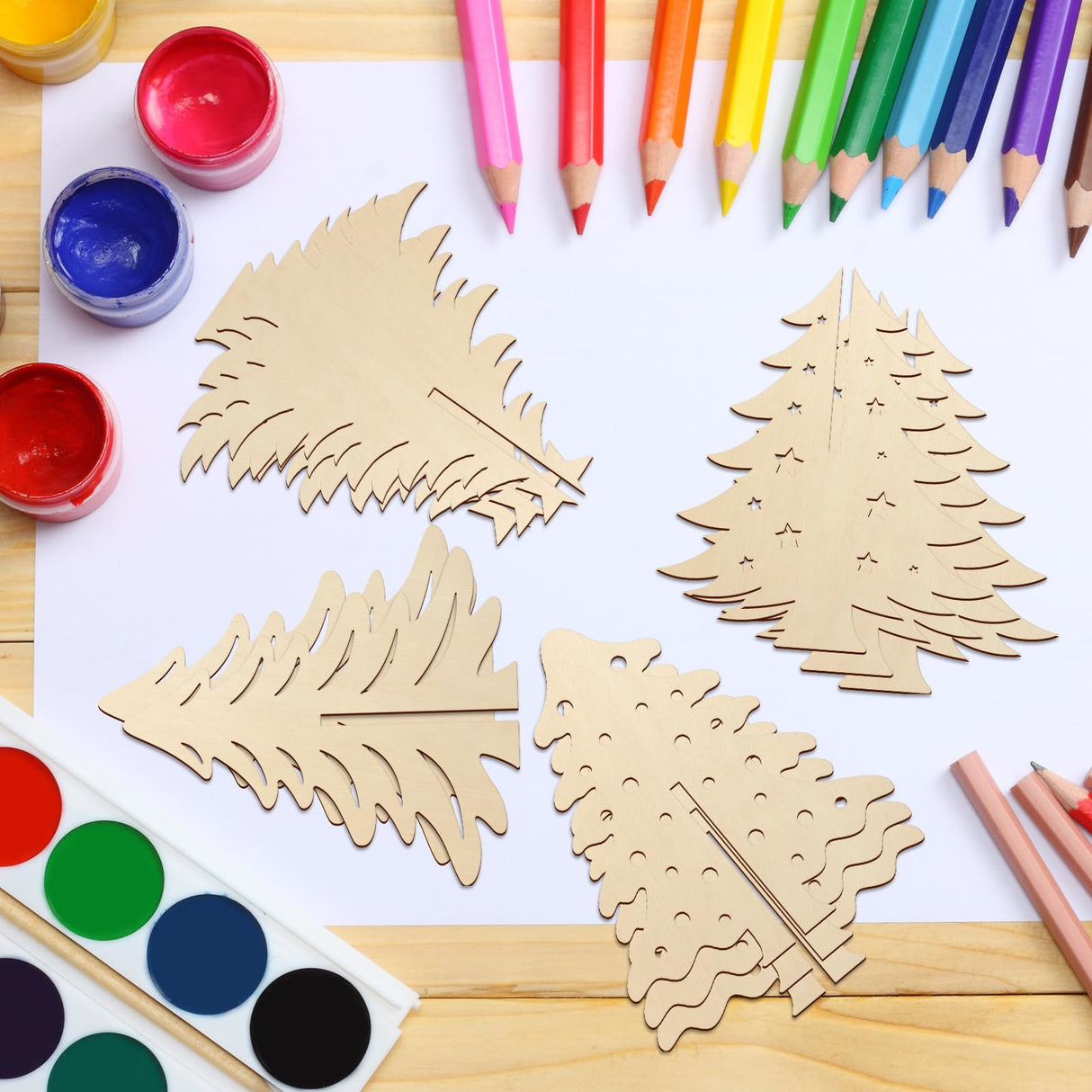 COCHIE DIY 3D Christmas Tree Wood Crafts to Paint for Kids Adults, Paintable Unfinished Wooden Slices for Craft, Xmas Trees Cutouts Ornaments for Painting Decorations (24 PCS) COCHIE