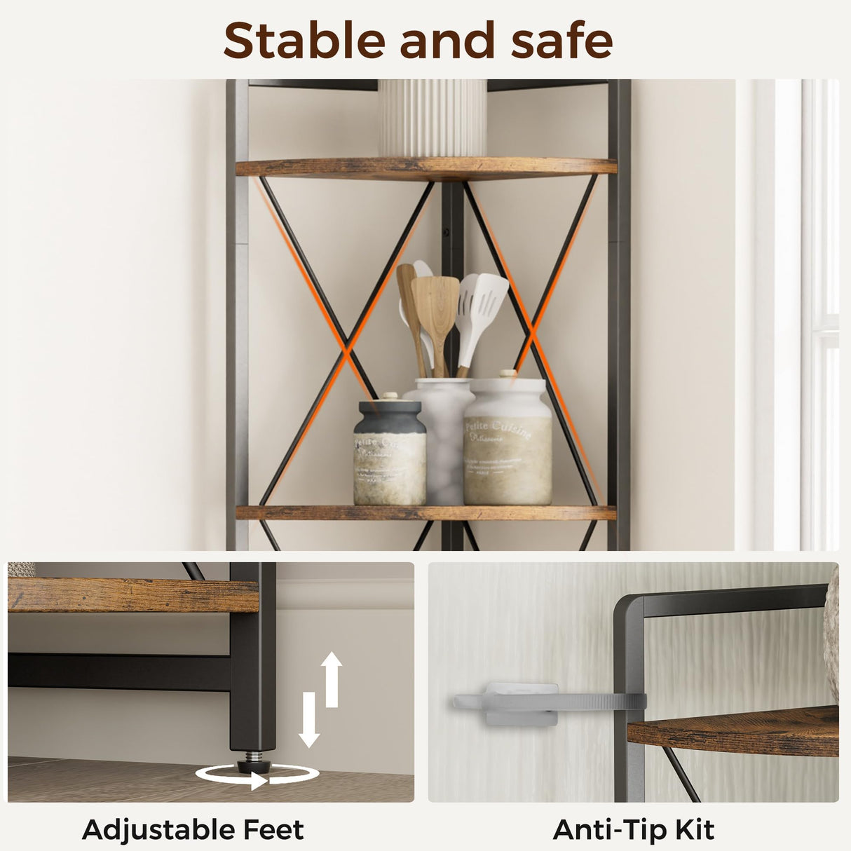 Cerlyunzan 5 Tier Corner Shelf Stand, 64" H Tall Industrial Corner Bookshelf for Living Room Decor, Metal Corner Shelf, Plant Stand Display Shelf for Bedroom, Bathroom, Small Space, Rustic Brown Cerlyunzan