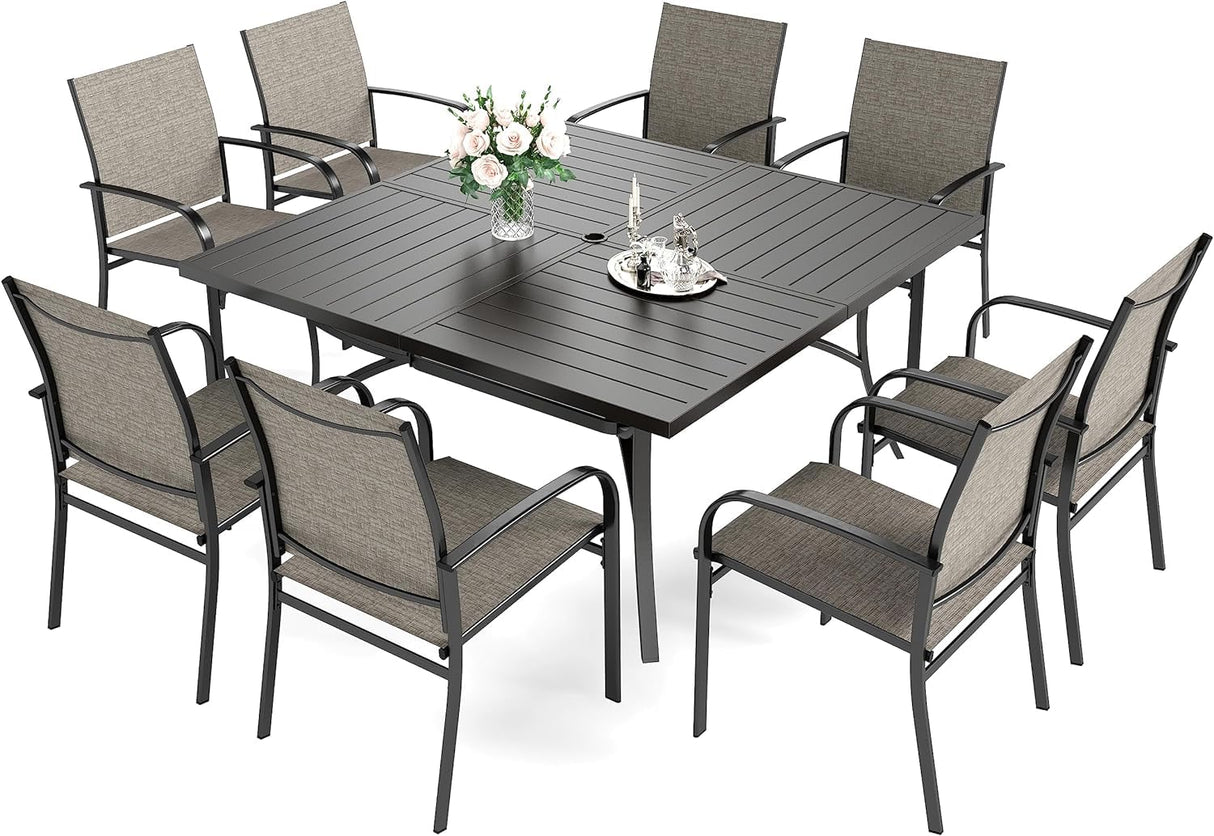 HERA'S HOUSE 9 Pieces Patio Dining Set, Outdoor Table and Chairs Set for 8, 8 x Brown Textilene Dining Chair and 60" Square Metal Dining Table, Outdoor Dining Sets for Lawn Garden Backyard Deck HERA'S HOUSE