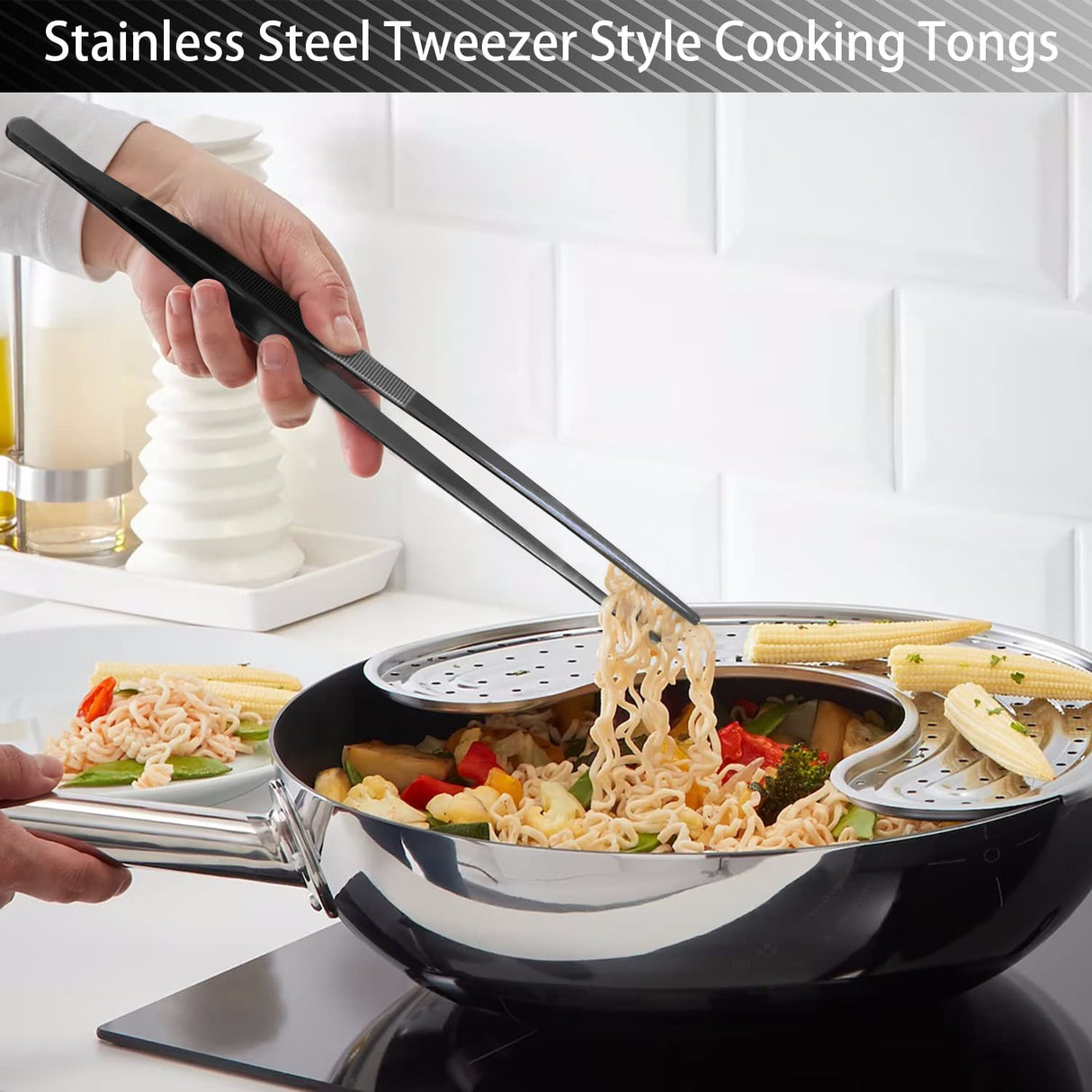 JETKONG 2 Pcs 12-Inch Kitchen Tweezers Tongs with Precision Serrated Tips, Stainless Steel Chef Tweezer Professional Cooking Tweezers for BBQ, Plating and Serving (12-Inch, Black) JETKONG