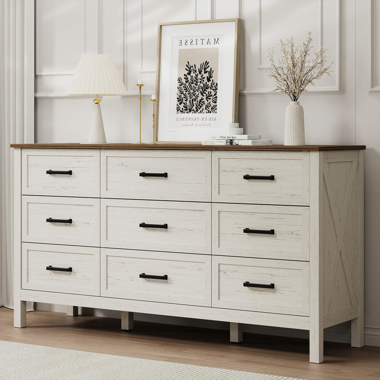 LYNSOM Farmhouse 9 Drawers Dresser for Bedroom, 55" Wide Wood Rustic Chest of Drawers with Natural Texture, Metal Handle, Storage Dressers Organizer for Entryway, Hallway, Antique White