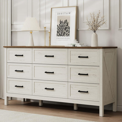 LYNSOM Farmhouse 9 Drawers Dresser for Bedroom, 55" Wide Wood Rustic Chest of Drawers with Natural Texture, Metal Handle, Storage Dressers Organizer for Entryway, Hallway, Antique White