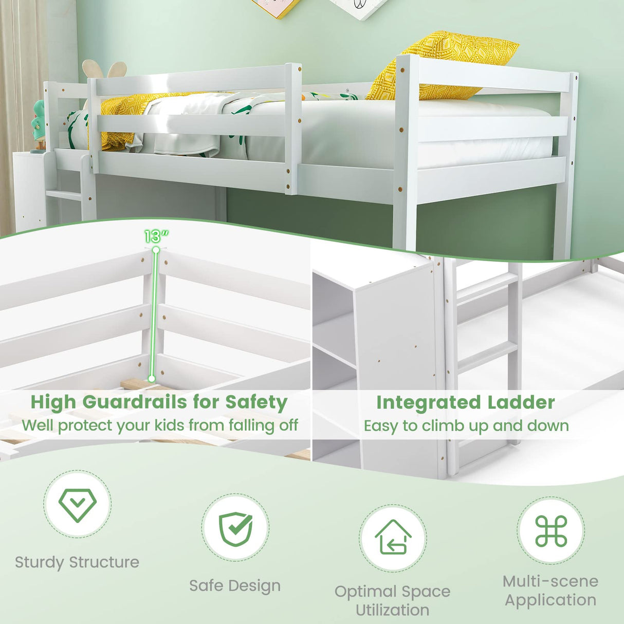 Giantex Twin Over Twin Bunk Bed with Storage Shelves, Solid Wood Bunk Bed Frame with Convertible Bookcase & Ladder, Floor Low Bunk Bed with High Guardrails for Kids Teens, No Box Spring Needed, White Giantex