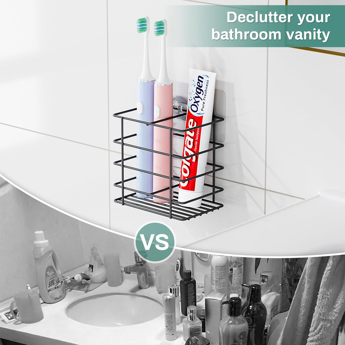 Oasiteege Adhesive Toothbrush Holder Wall Mounted, Suction Cup Toothpaste Organizer for Shower, Hanging Razor Tooth Brush Holder Storage Caddy with Drainage, Black Bathroom Accessories and Decor Oasiteege