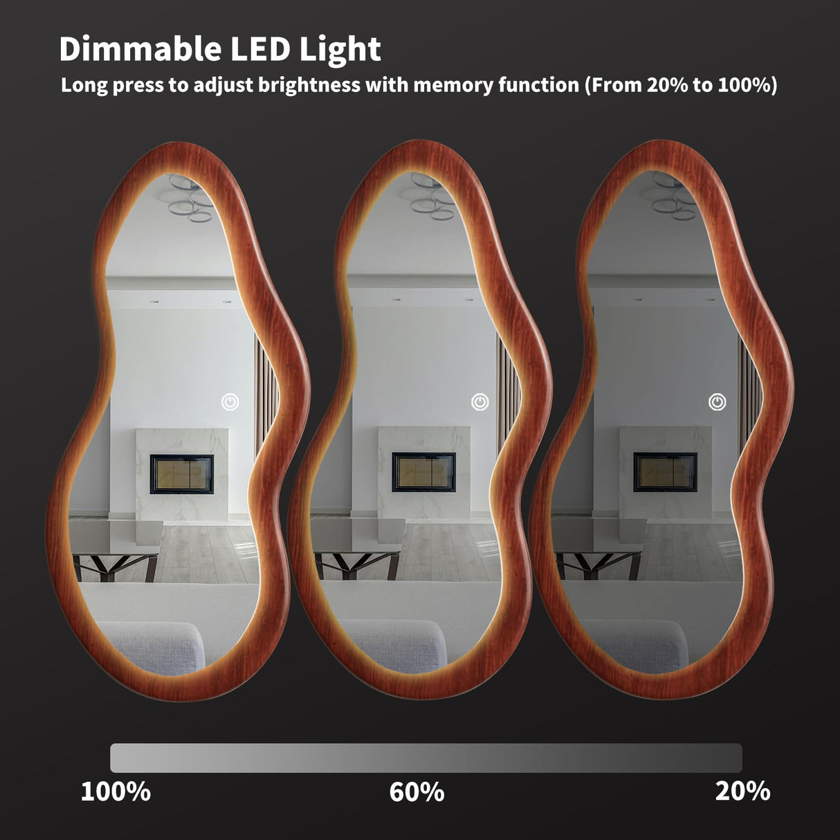 osemy 48"x 24" LED Wood Full Length Mirror with Lights Irregular Wavy Full Body Mirror Shatter-Proof Hanging/Leaning Wall Mounted Walnut Wooden Framed Mirror for Dressing Bedroom Living Room osemy