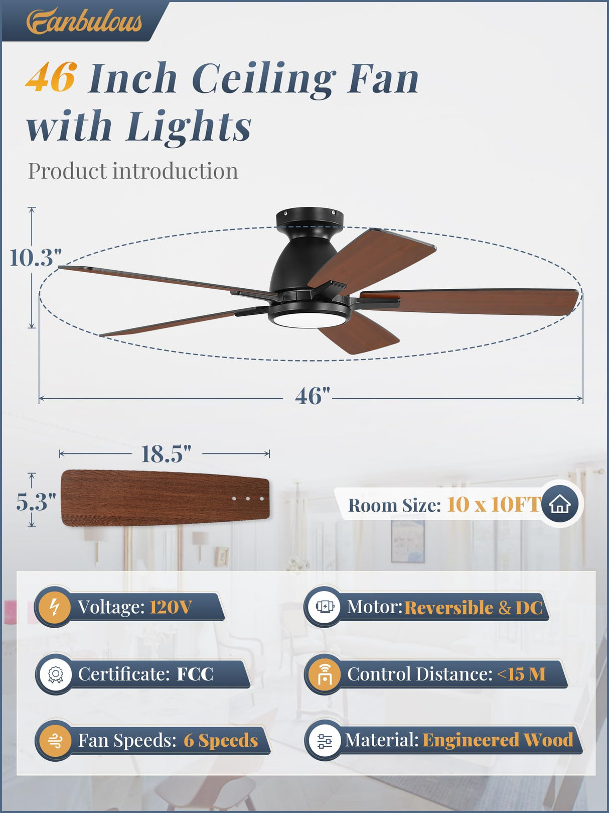 Fanbulous 46 Inch Ceiling Fans with Lights and Remote,Modern Indoor Low Profile Ceiling Fan with 3CCT 6-Speeds Quiet DC Motor,Outdoor Flush Mount Ceiling Fan For Bedroom Living Room(Black) Fanbulous