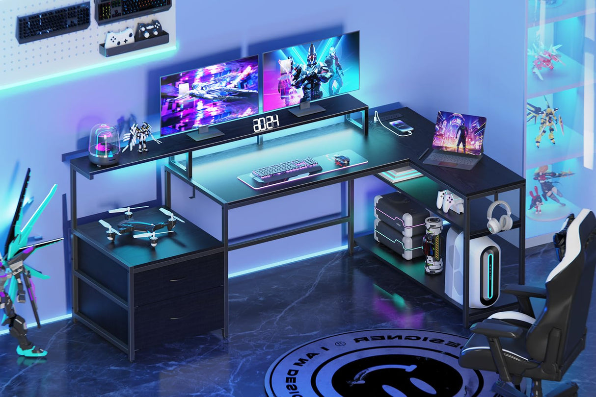 Bergoolin Black L-Shaped Gaming Desk with LED Lights, Power Outlets, and Ample Storage Bergoolin