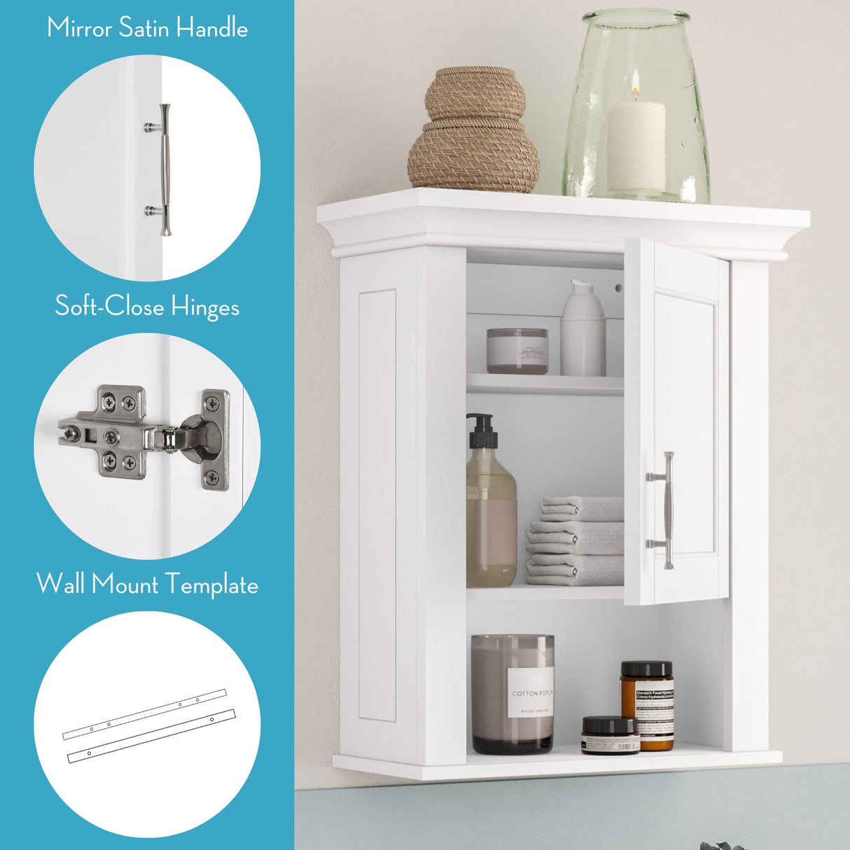 RiverRidge Somerset Single Door Wall Cabinet - Bathroom Medicine Cabinet with Inset Door, Coved Top Shelf, 2 Interior Shelves & Open Display Shelf – Elegant Bathroom Cabinet for Expanded Storage RiverRidge
