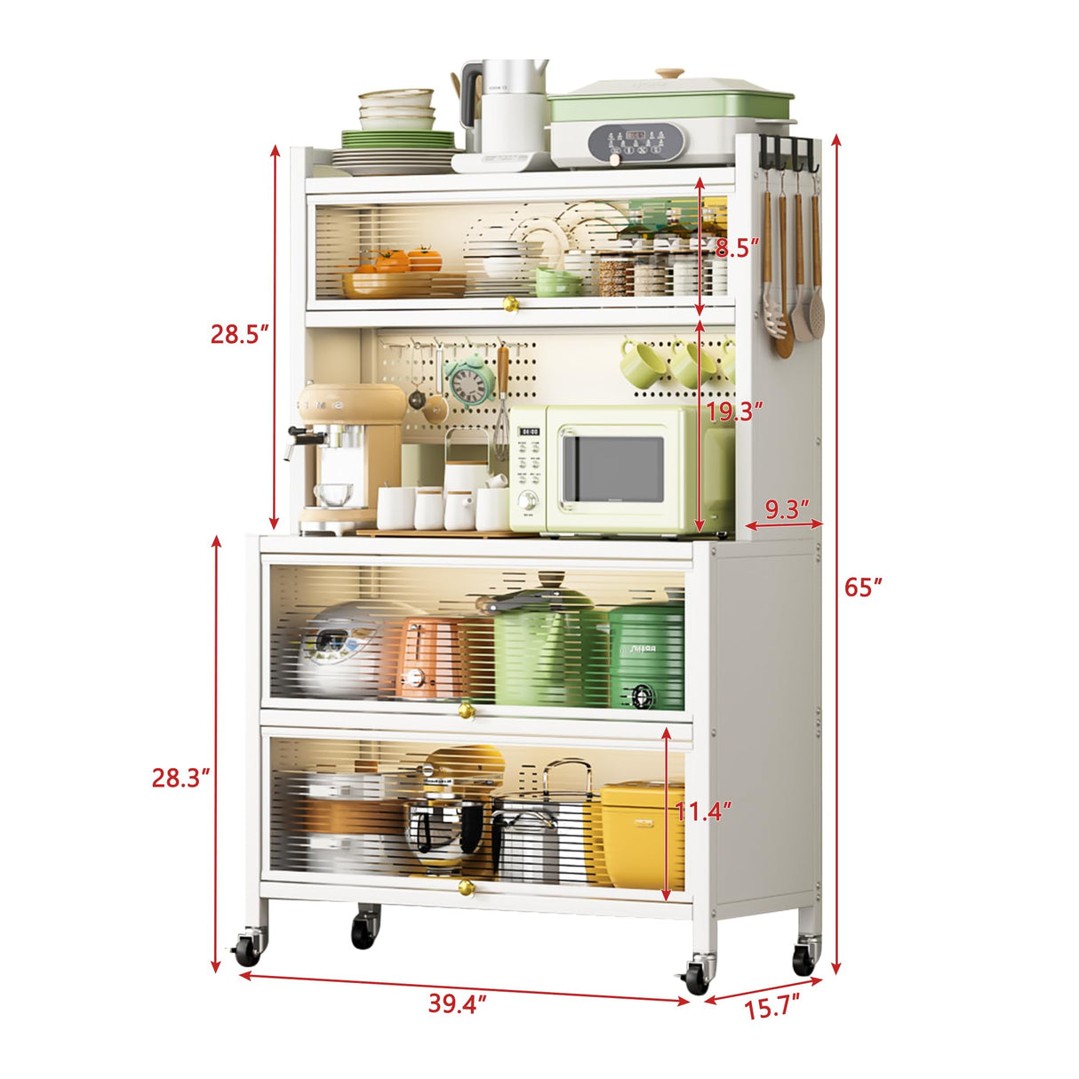 Legendstone Kitchen Pantry Storage Cabinet, 5 Tier 65" H Metal Sideboard with Wheels and Acrylic Glass Door, Modern Kitchen Storage Rack for Home, Office,Pantry (White, 5 Tiers) Legendstone