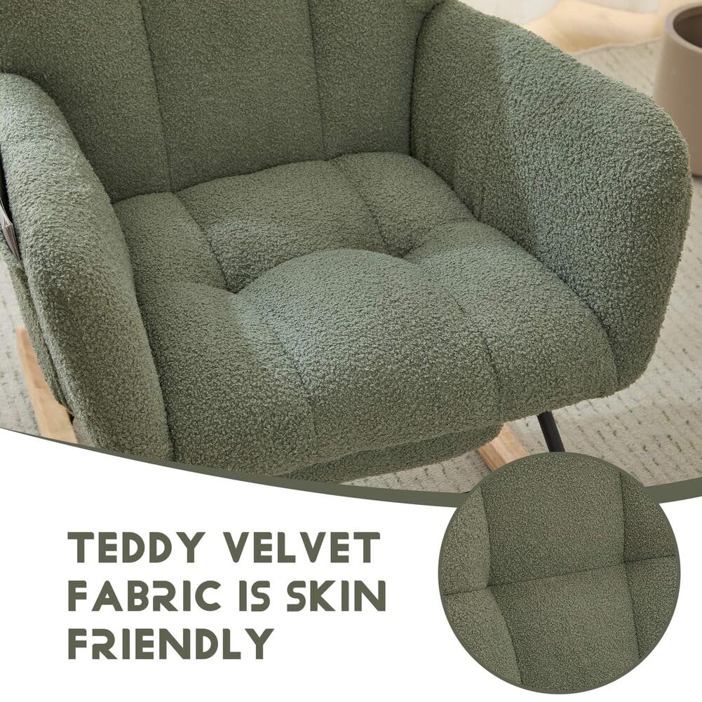 ETCZOYE Nursery Rocking Chair Teddy Upholstered Glider Rocker with Footrest Accent Chair with High Backrest Armchair Comfy Side Pocket Chair for Living Room, Bedroom, Offices (Large Green) ETCZOYE