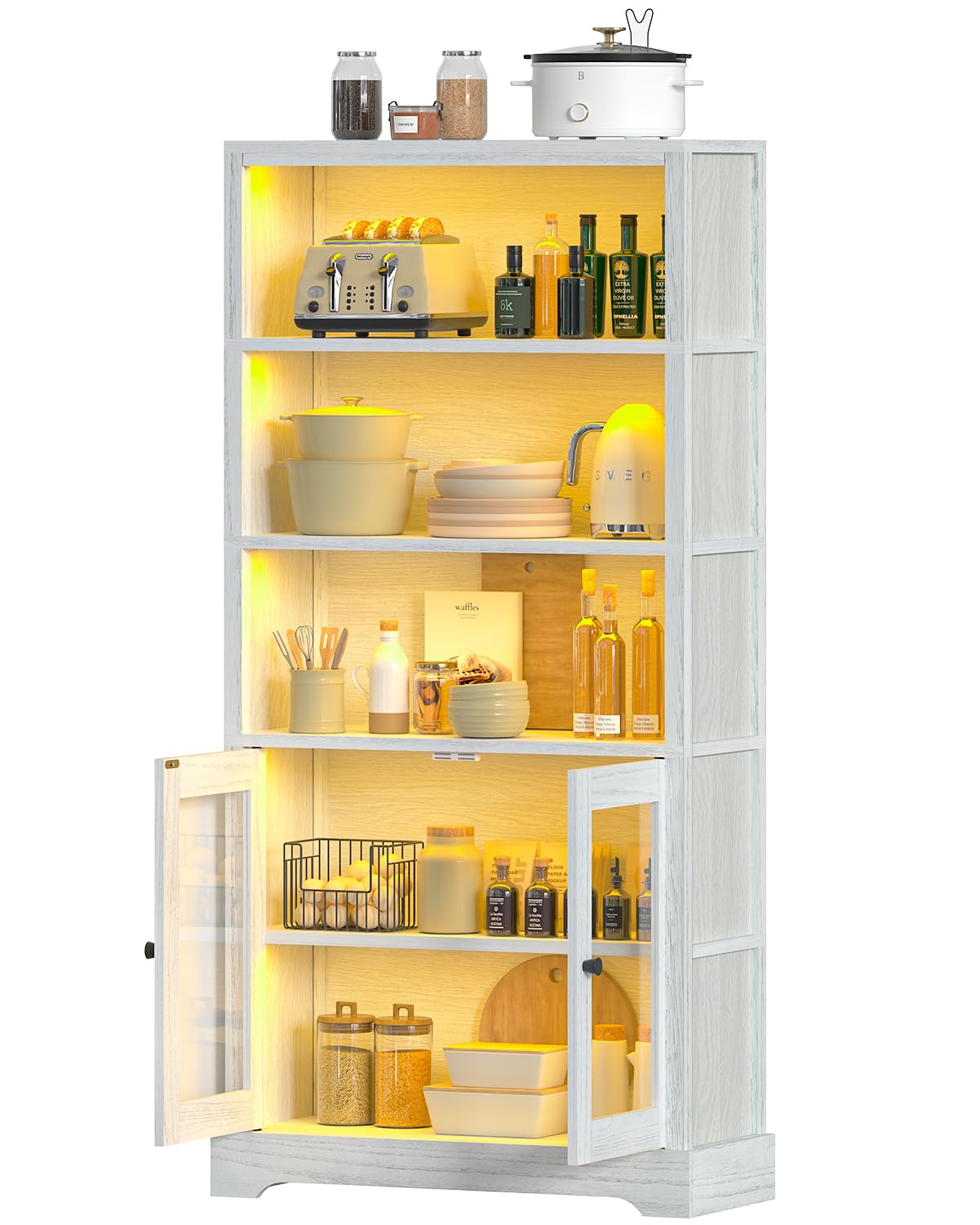 TVU 5-Tier Bookcase with Cabinet & LED, Wood 65 Inch Tall Bookshelf with Storage, Floor Standing Display Book Shelf for Living Room, Office, Study, Entryway (Antique White) TVU