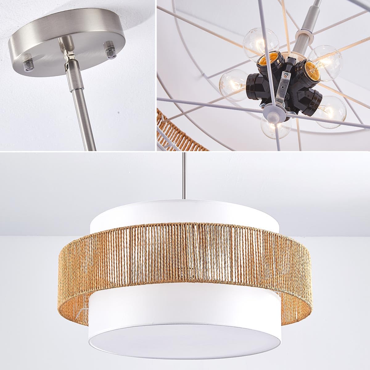 24'' Rattan Large Drum Chandeliers Light Fixtures,5 Light Boho Pendant Light Farmhouse Rustic Hand Woven Lighting for Dining Room Kitchen Island Living Room Bedroom,Brushed Nickel Finish Metal TELAFLY