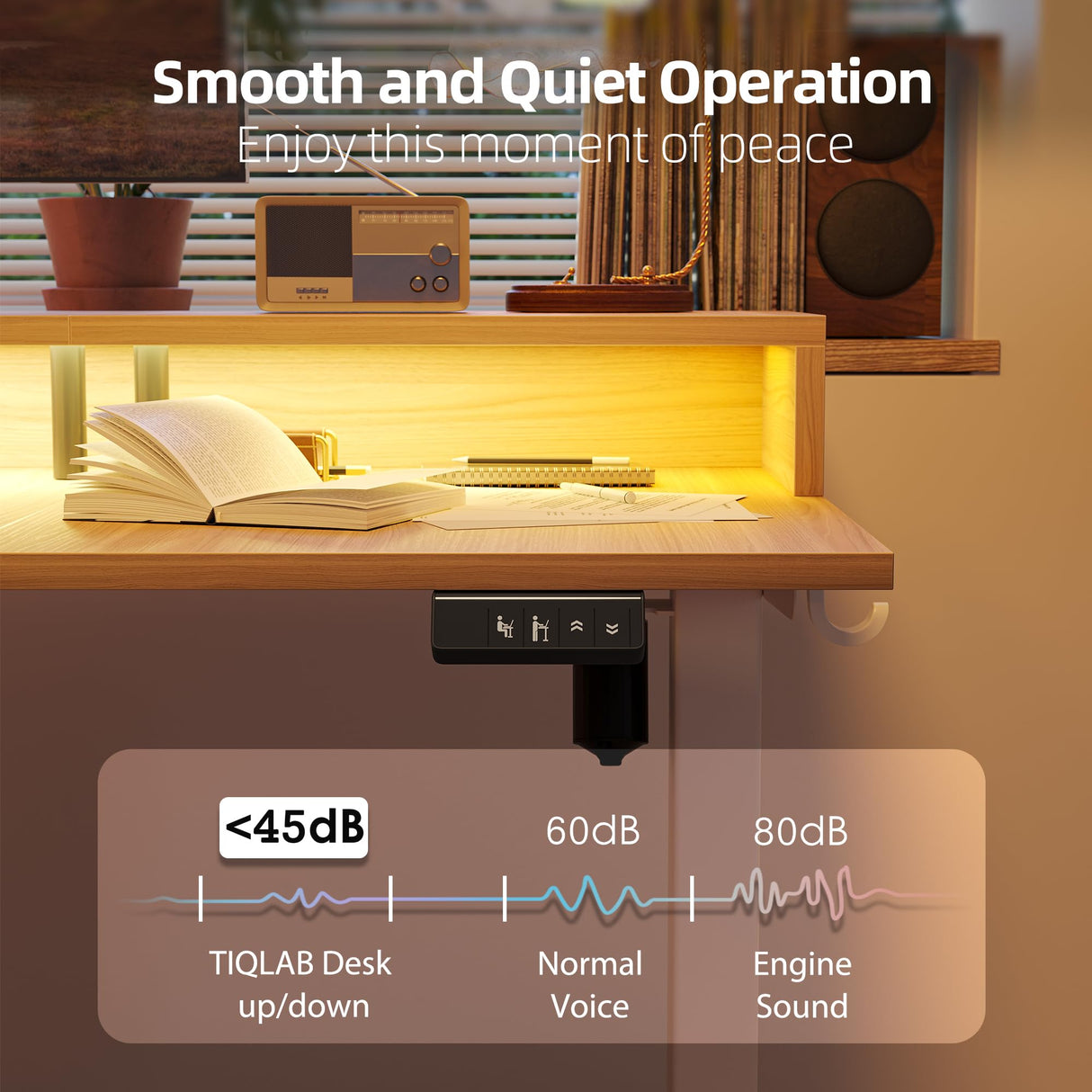 TIQLAB 63'' L-Shaped Standing Desk with LED Light Strip and Power Outlet, Height Adjustable Corner Table with Ergonomic Monitor Stand, Light Walnut TIQLAB