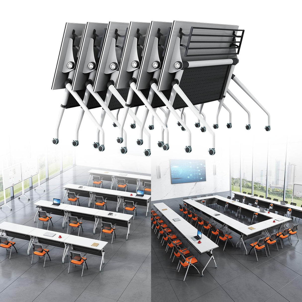 Folding Conference Table,Rolling Meeting Table for Conference Room,Flip Top Mobile Trainning Table with Wheels,Foldable Conference Room Tables,Rectangle Meeting Seminar Table for Office (4Pack 53.1in MSFDC