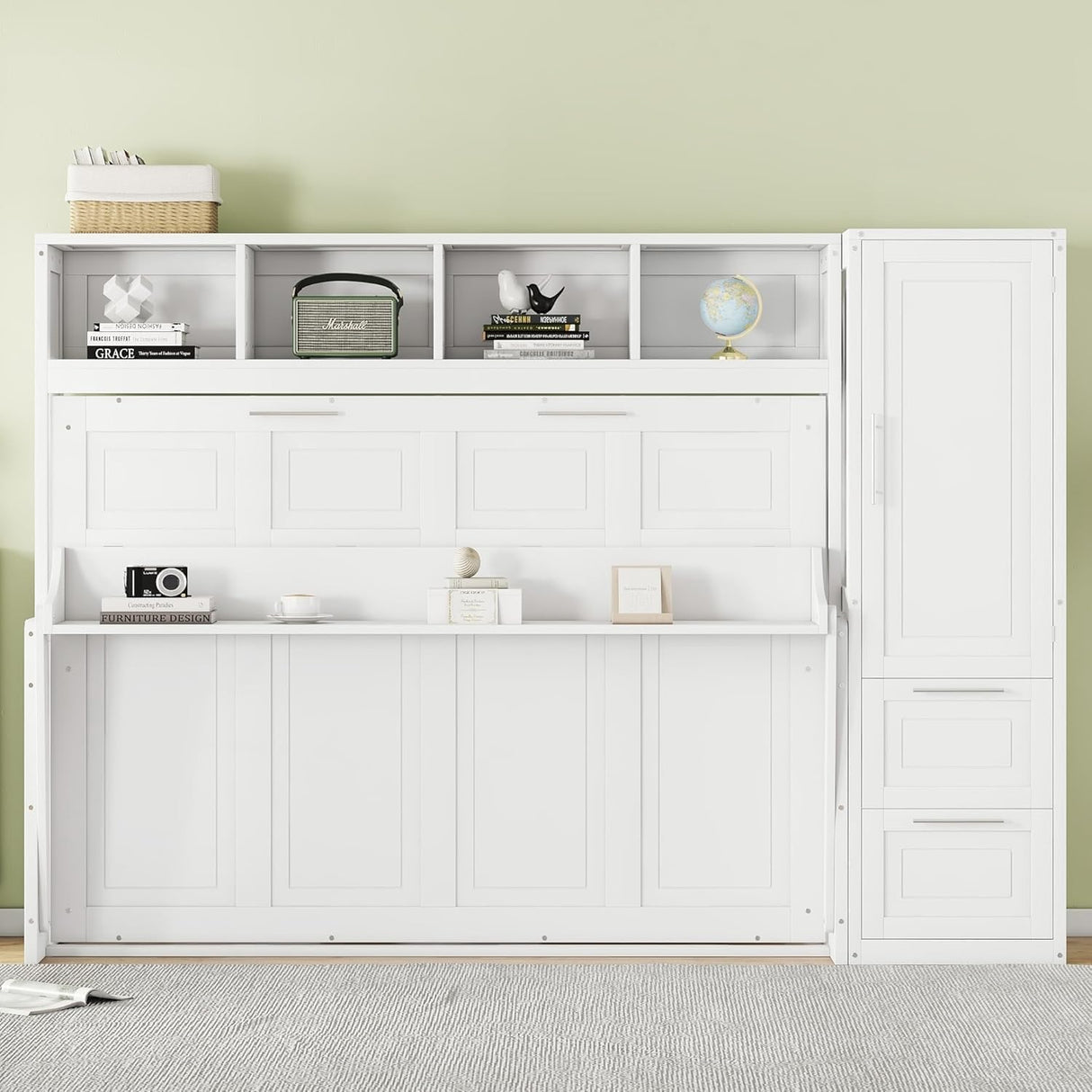 Virubi Full Horizontal Murphy Bed with Storage Wardrobe Closet,2 Drawer,4 Storage Shelves,Wood Folding Murphy Wall Bed Cabinet for Adult (White) Virubi