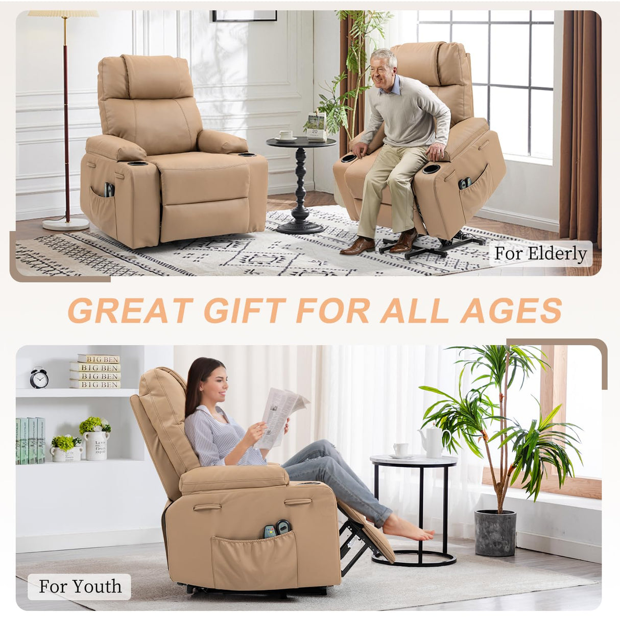 Power Lift Recliner Chair for Elderly, Electric Stand Assist Reclining Chair with Massage and Heat Function, Leather Living Room Furniture, Comfy Single Sofa with Cup Holders, Side Pockets, Brown BRTHORY