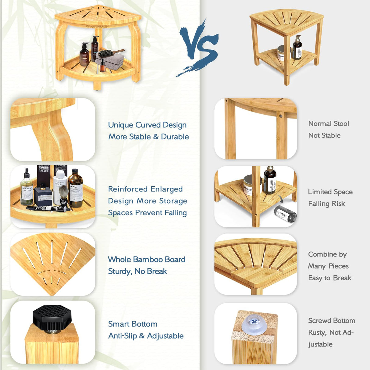 KingPavonini Bamboo Corner Shower Stool for Shaving Legs Foot Rest, Waterproof Bath Bench Seat with Storage Shelf for Bathroom Inside Shower, Hold Up to 450Lbs KingPavonini