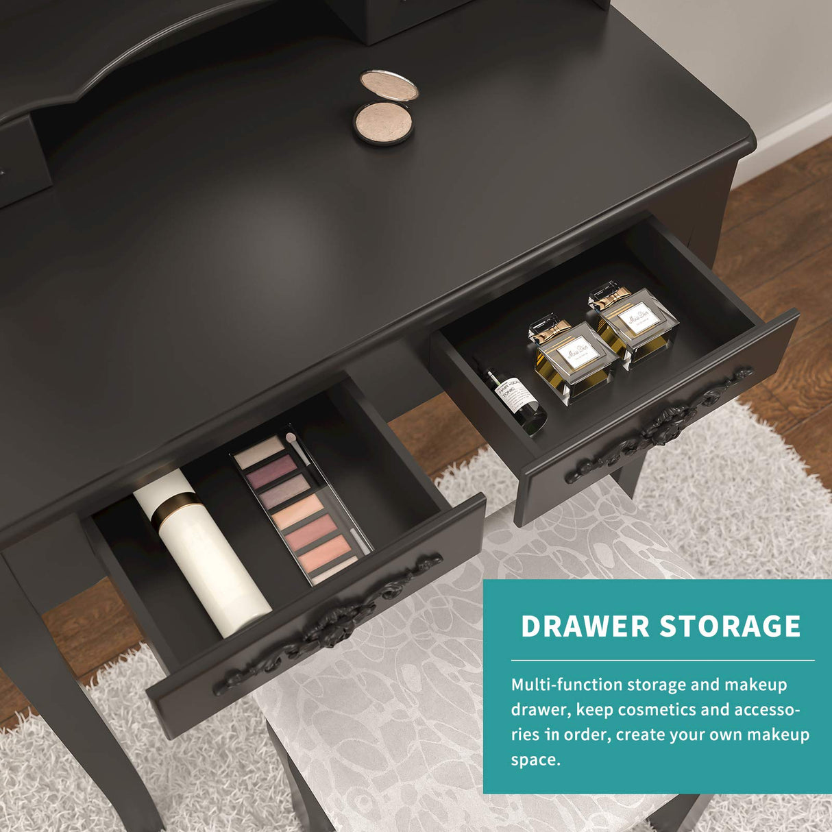 Alohappy Girls Vanity Desk, Makeup Vanity Set with Mirror & Stool, Makeup Table Black Vanity Desk with 4 Drawers Vintage Rose Carving Dressing Desk Alohappy