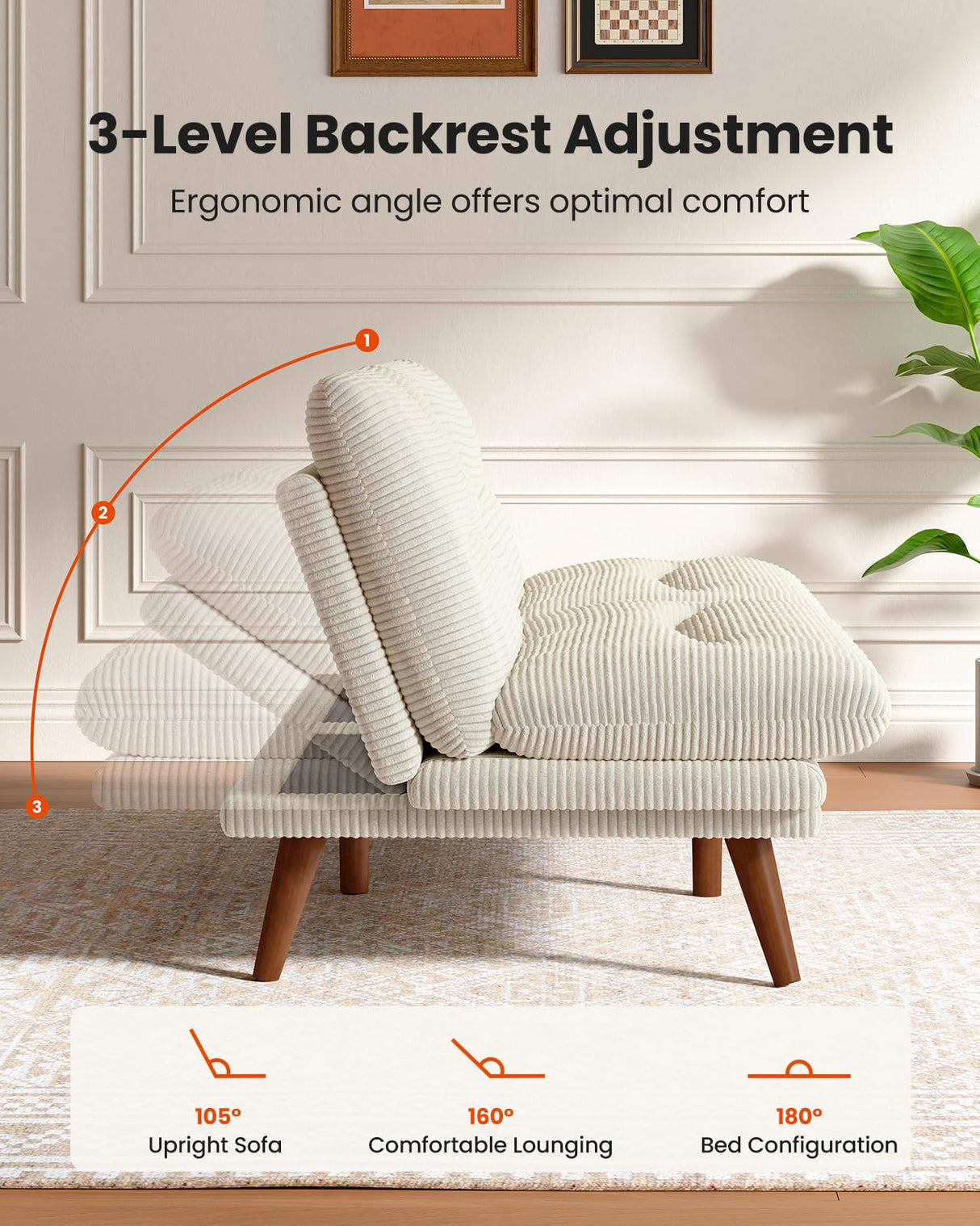 AMADA HOMEFURNISHING Futon Sofa Bed with Adjustable Backrest & Armrests, Convertible Futon Sofa Couch for Small Spaces, Living Room or Office, Corduroy Futon Sofa Bed(White) AMADA HOMEFURNISHING