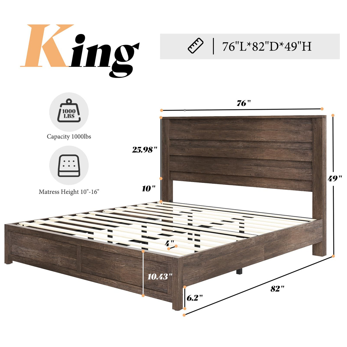 AMERLIFE Farmhouse King Size Bed Frame with 49" Fluted Headboard, Wood Platform Bed with Natural Grain, No Box Spring Needed/Noise Free, Gray AMERLIFE