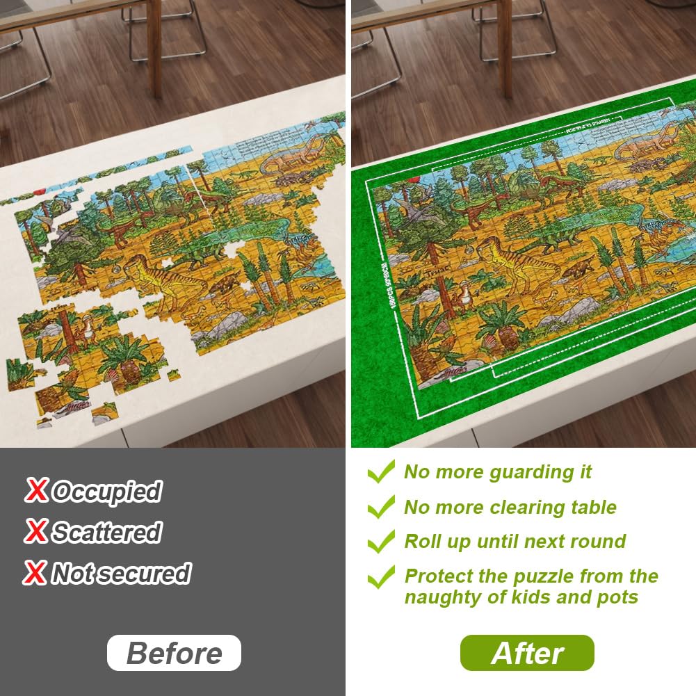 Ainiv Jigsaw Puzzle Mat Roll Up 1500 Pieces, 46" x 26" Portable Felt Puzzles Board with Travel Storage Bag, Jigsaw Saver Pad Keeper for Adults Teens, Green Ainiv