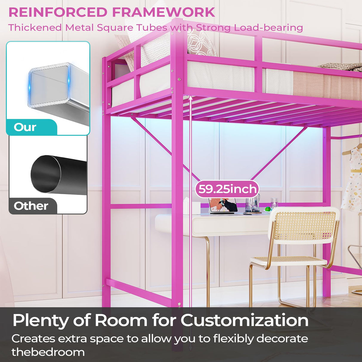 DICTAC Loft Bed Twin Size with Led Lights Metal Twin Loft Bed Frame with Full-Length Guardrail and Stair for Junior, Heavy Duty Metal Slats Support,Noise-Free, Space-Saving, No Box Spring Needed, Pink DICTAC