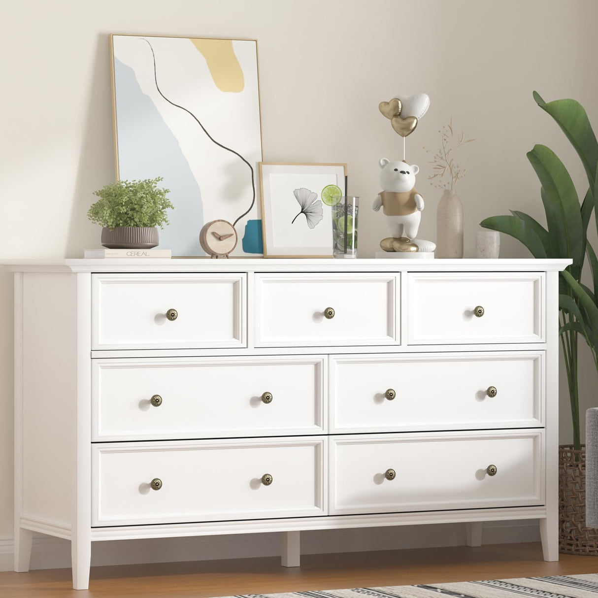 IKENO White 7 Drawer Dresser for Bedroom, Modern Solid Wood Large Storage Cabinet, Simple White Chest of Drawer for Bedroom Living Room Hallway Entryway (White) IKENO