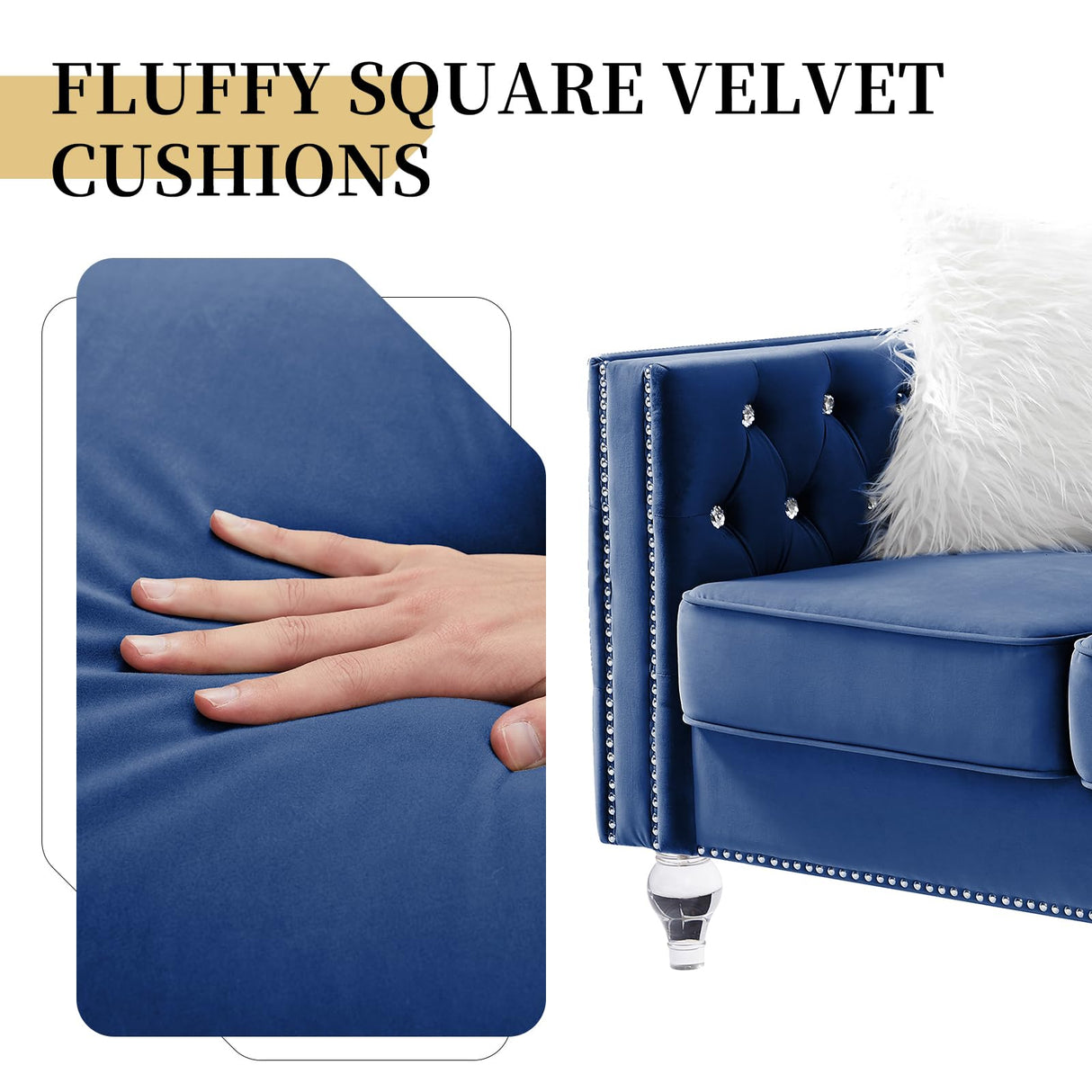 Homies Life 60" Chesterfield Sofa, Velvet Mid-Century Modern Upholstered Loveseat Sofa with 2 Throw Pillows and Acrylic Legs, Nailhead Button Tufted Vintage Couch for Living Room, Apartment, Blue Homies Life