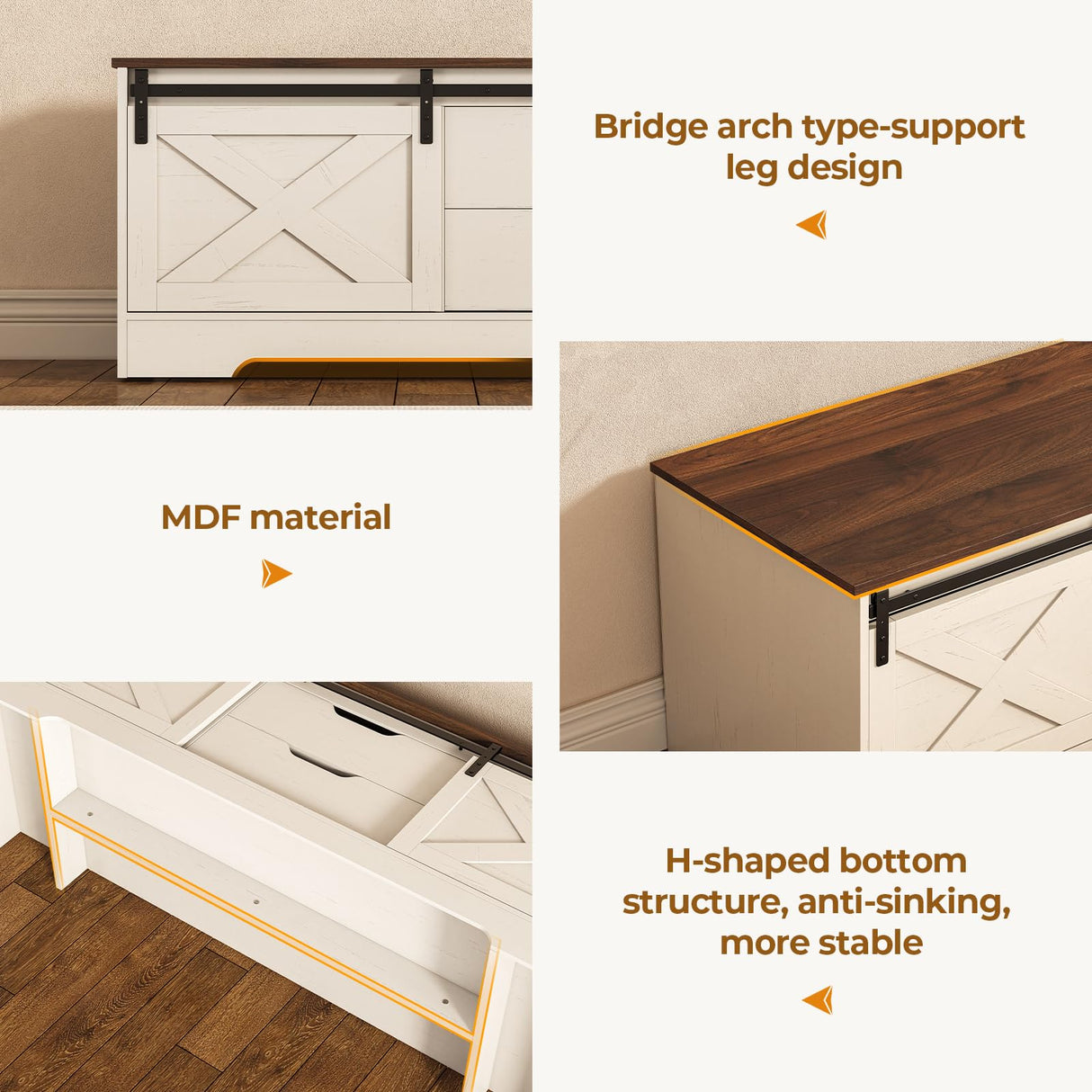 UPOSOJA Farmhouse Storage Bench with Cushion, Shoe Rack with Slide Barn Doors, Adjustable Shelf and 2 Drawer for Entry, Bedroom, Closet, Living Room, Hallway (White Brown, 59.8 in) UPOSOJA