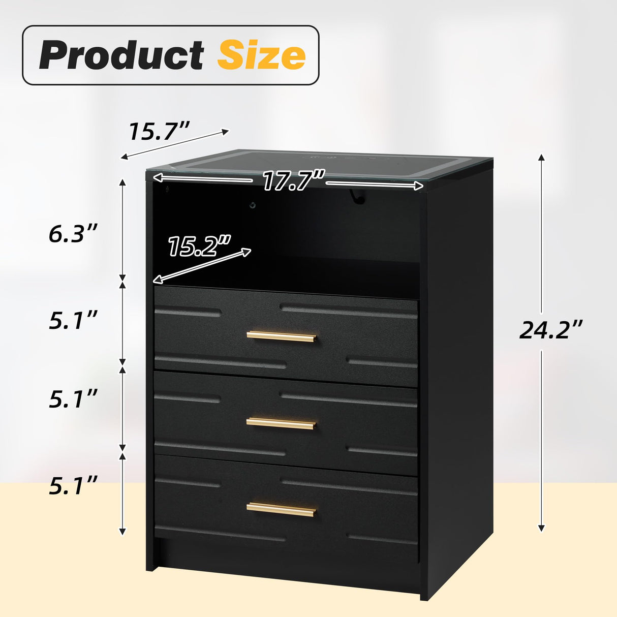 EROMMY LED Nightstand with Wireless Charging Station, Smart Night Stand with Color Adjustable Brightness Lights, Touch Screen Bedside Table with Glass Top, Drawers, Side Table for Bedroom EROMMY