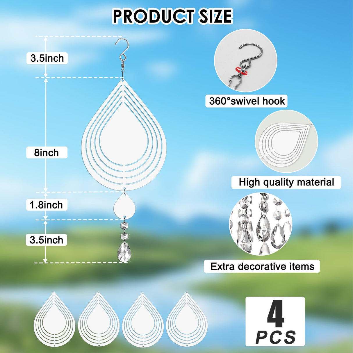 Sublimation Wind Spinner Blanks 8 Inch 4 Pack Wind Spinners Sublimation Blanks with Crystal Pendant Aluminum Metal Wind Spinners for Yard Garden Indoor Outdoor Window Porch Decoration(Waterdrop CHONOVO