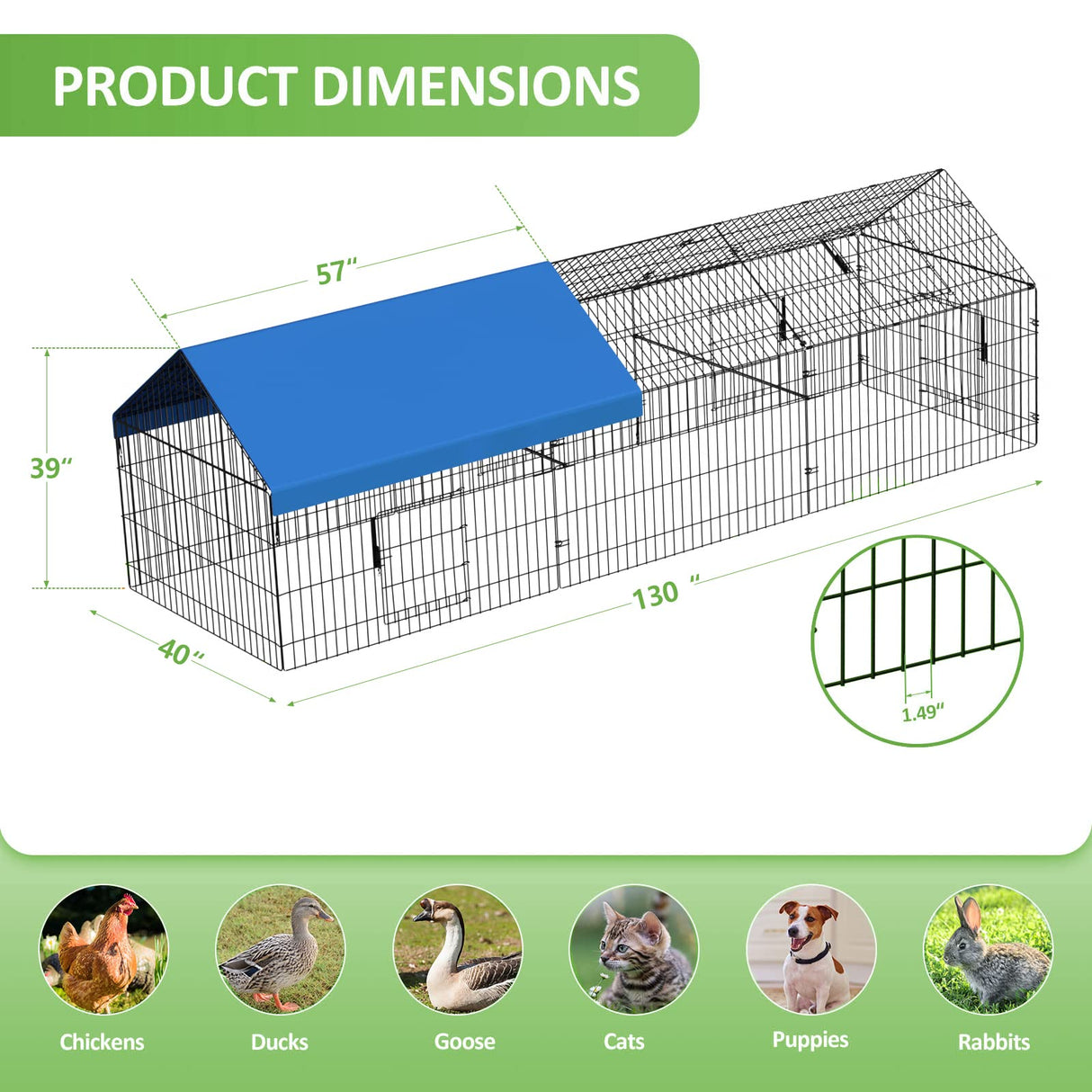 INJOPEXI Metal Chicken Coop 130"×40"×39" Chicken Runs for Yard with Cover Chicken Playpen Enclosure Chicken Pen Kennel Duck Coop Cage for Outdoor Backyard Farm Rabbit Dog Cat Small Animal Poultry INJOPEXI