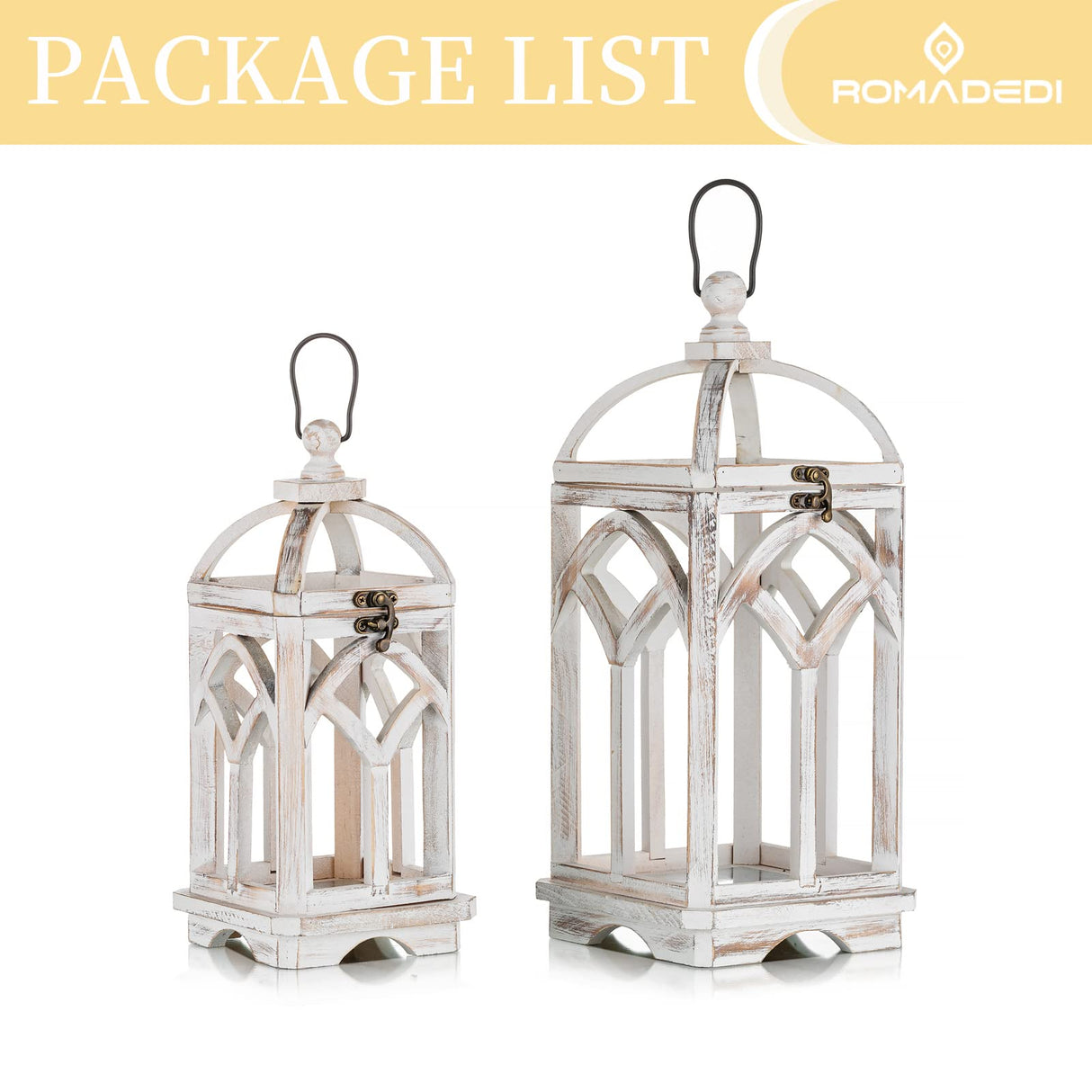 Romadedi Decorative Candle Lantern Wood - Rustic Wooden Lantern for Farmhouse Home Living Room Shelf Patio Table Decoration Christmas Holloween Wedding Party Table Centerpiece, Washedwhite Romadedi