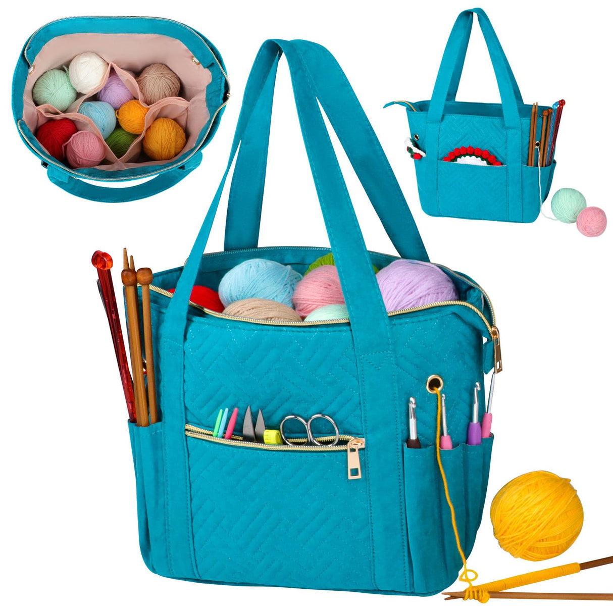 Veirdro Crochet Bag Organizer for Yarn Storage, Velvet Knitting Tote Bag with Double Handle for Crochet Accessories, Portable Travel Case for Yarn Balls, Crochet Hooks& Knitting Needles Holder (Teal) Veirdro