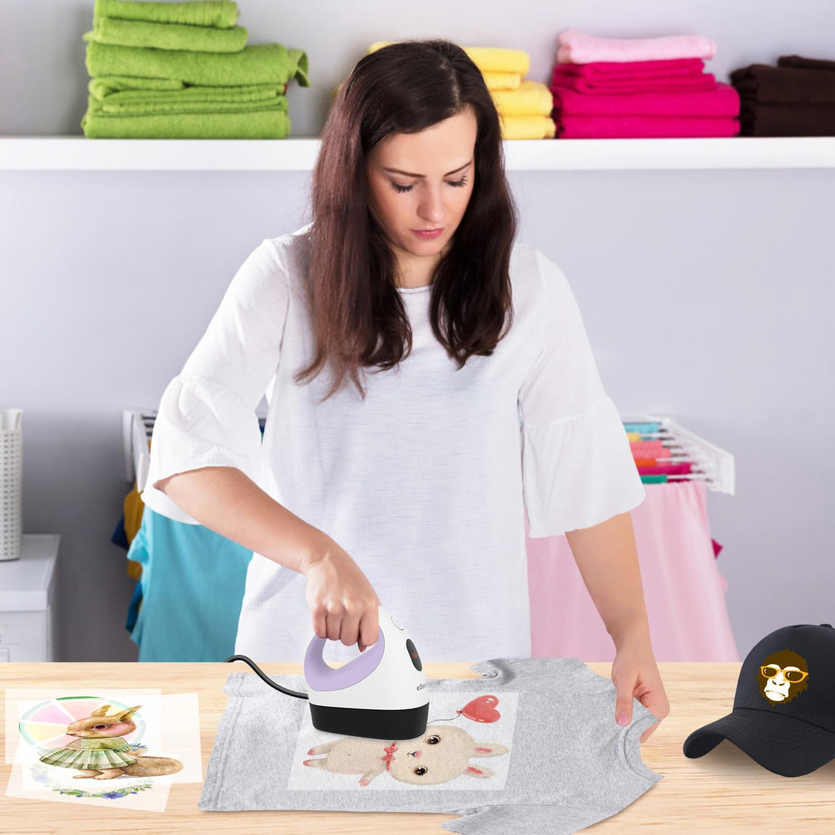 eSeedy Mini Heat Press Machine, 3 Heat Settings, Precise Temperature Control,15 Mins Auto-Off, Insulated Safety Base, Mini Iron for Crafting, T Shirts, Hats, Heating Transfer Projects eSeedy