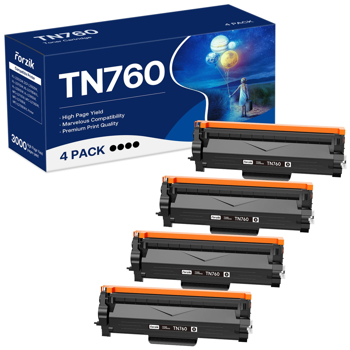 Forzik Compatible Toner Cartridge Replacement for Brother TN760 TN-760 TN730 TN-730 High Yield Compatible with DCP-L2550DW HL-L2350DW MFC-L2710DW Printer (4 Black) Forzik